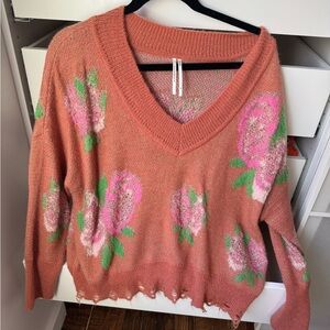 Anthropologie Pink Floral V-Neck Sweater